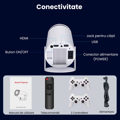 Videoproiector Portabil Inteligent cu 2 Controllere – Android 11, 4K, Wi-Fi 6, 130 inch