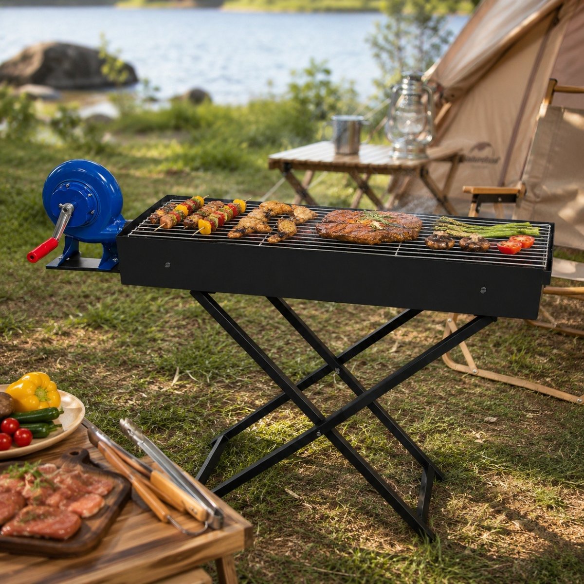 Grătar BBQ portabil cu suflantă de aer, 80 x 25 x 75 cm, grătar compact pe cărbuni pentru exterior