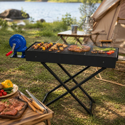 Grătar BBQ portabil cu suflantă de aer, 80 x 25 x 75 cm, grătar compact pe cărbuni pentru exterior
