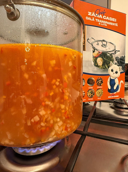 Oală Transparentă din Sticlă Borosilicată 5.5L cu Capac – Zâna Casei, Modernă, Rezistentă la Căldură